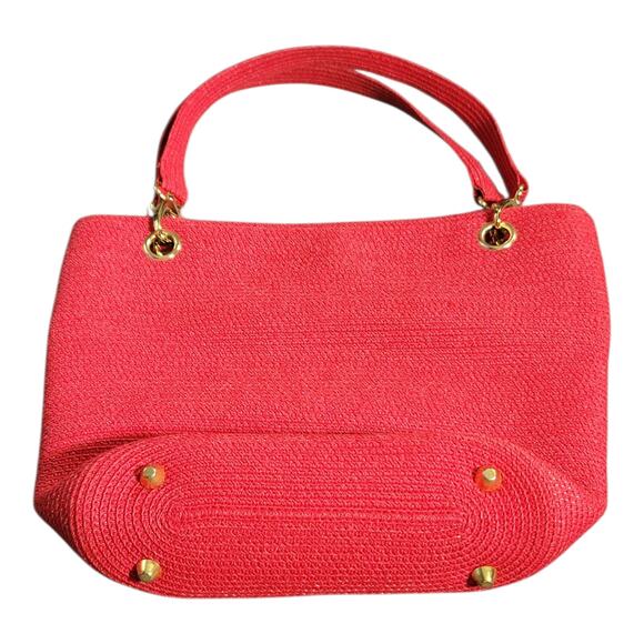 Red Woven Structured Handbag Gold Tone Hardware Top Handle Tote Studded Purse - Picture 4 of 12